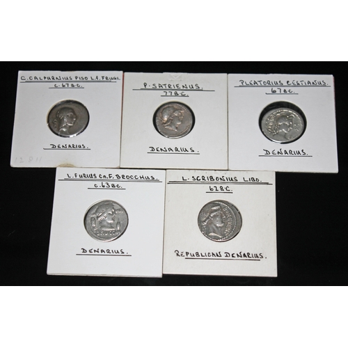 345 - A group of five ancient coins to include 1 x P.Satrienus 77 B.C denarius: Mars: she wolf, 1 x Plaeto... 