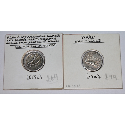 345 - A group of five ancient coins to include 1 x P.Satrienus 77 B.C denarius: Mars: she wolf, 1 x Plaeto... 