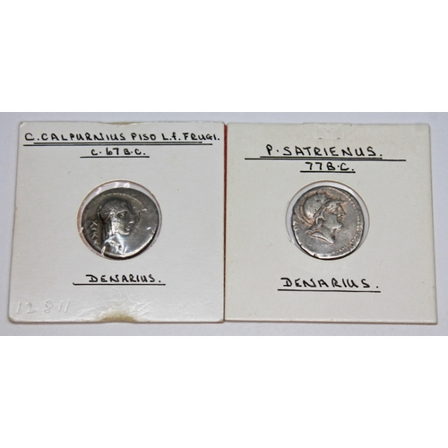 345 - A group of five ancient coins to include 1 x P.Satrienus 77 B.C denarius: Mars: she wolf, 1 x Plaeto... 