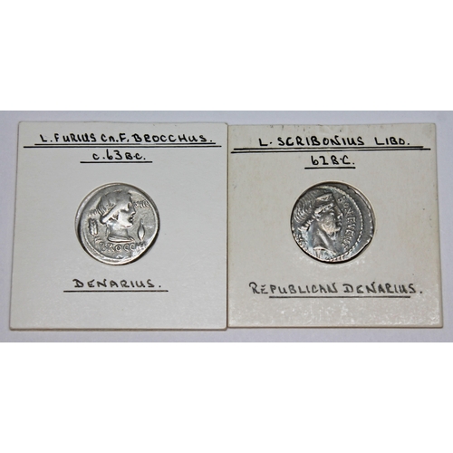 345 - A group of five ancient coins to include 1 x P.Satrienus 77 B.C denarius: Mars: she wolf, 1 x Plaeto... 