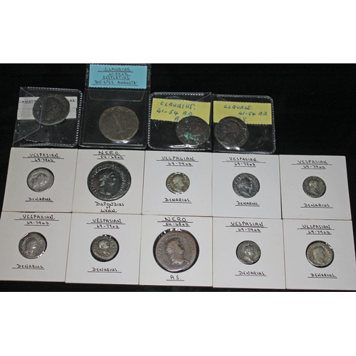 346 - A group of fourteen ancient Roman coins to include 1 x Claudius 41-54 A.D sestertius: rev: spes Augu... 