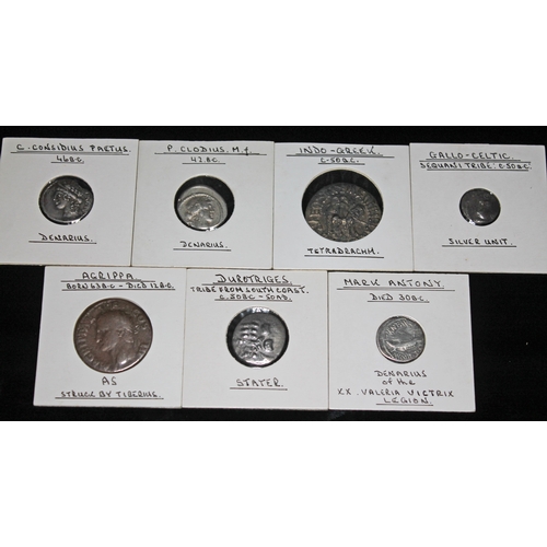 347 - A group of seven ancient coins to include 1 x P.Clodius M.F 42 B.C denarius: head of Apollo: Diana L... 