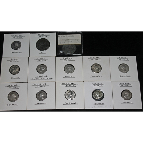 349 - A group of thirteen ancient Roman coins to include 1 x Titus 79-81 A.D denarius struck 76 A.D as Cae... 