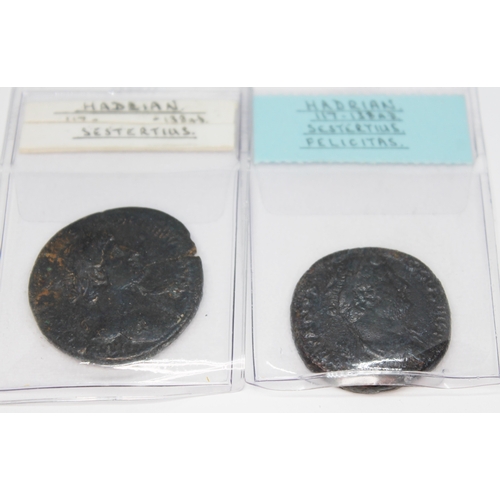 350 - A group of eight ancient Roman coins Hadrian 117-138 A.D to include 1 x denarius: Fides Publica, 1 x... 