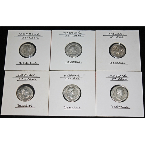 351 - A group of six ancient Roman coins Hadrian 117-138 A.D denarius to include 1 x Fides Publica, 1 x Sa... 