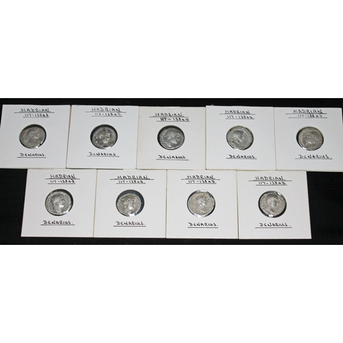 352 - A group of nine ancient Roman coins Hadrian 117-138 A.D denarius to include 2 x Concordia seated, 1 ... 