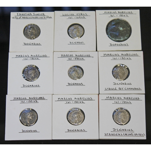 356 - A group of nine ancient Roman coins to include 6 x Marcus Aurelius 161-180 A.D Denarius (2 x Provide... 