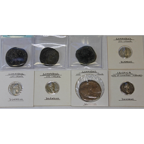 357 - A group of eight ancient Roman coins to include 7 x Commodus 177-192 A.D (4 x sesterius (1 x Apollo ... 