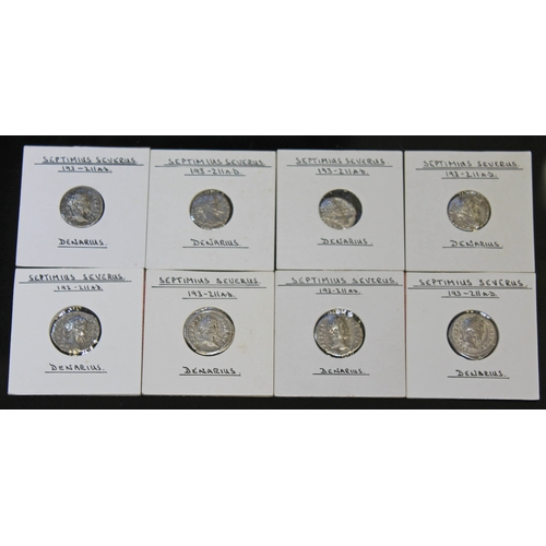 358 - A group of eight ancient Roman coins Septimius Severus 193-211 A.D denarius to include 1 x Mars, 1 x... 