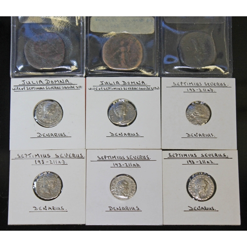 360 - A group of nine ancient Roman coins to include 4 x Septimius Severus 193-211 A.D denarius (1 x Jupit... 