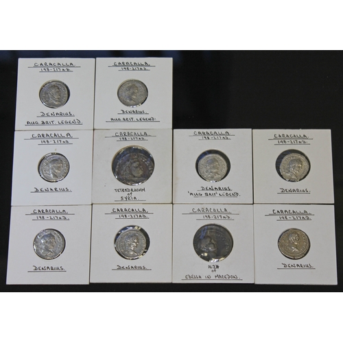 361 - A group of ten ancient Roman coins Caracalla 198-217 A.D to include 1 x Tetradrachm of Syria: Antioc... 