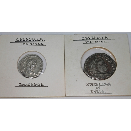 361 - A group of ten ancient Roman coins Caracalla 198-217 A.D to include 1 x Tetradrachm of Syria: Antioc... 