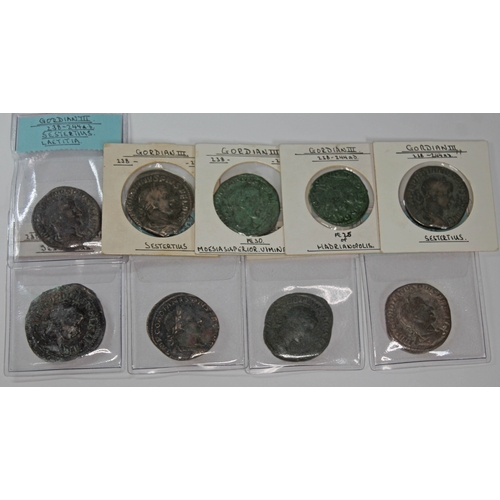 365 - A group of nine ancient Roman coins Gorian III 238-244 A.D to include 1 x AE 25 of Hadrianopolis: na... 