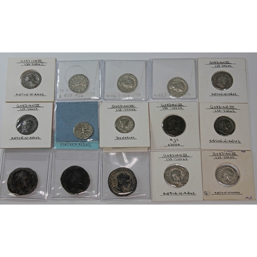 366 - A group of fifteen ancient Roman coins Gordian III 238-244 A.D to include 1 x AE 22 of Edessa, 2 x d... 