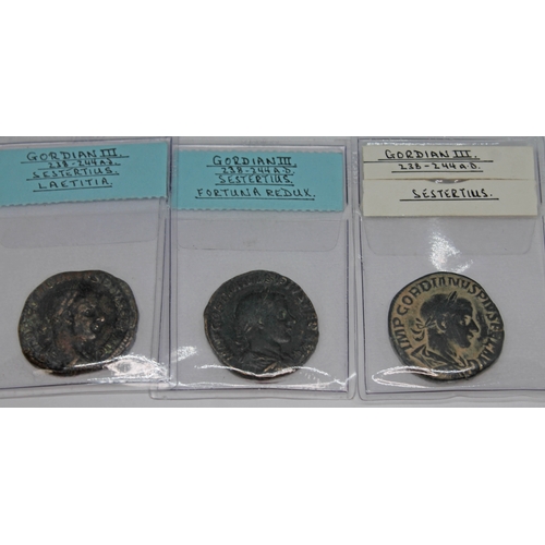 366 - A group of fifteen ancient Roman coins Gordian III 238-244 A.D to include 1 x AE 22 of Edessa, 2 x d... 