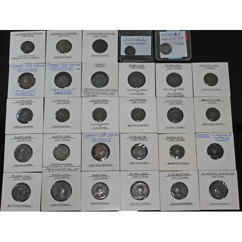 370 - A group of twenty nine ancient Roman coins to include 6 x Victorinus 268-270 A.D antoninianus (1 x P... 