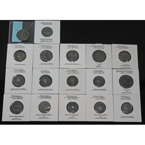 371 - A group of seventeen ancient Roman coins to include 1 x Tacitus 275-276 A.D antoninianus of Lugdunum... 