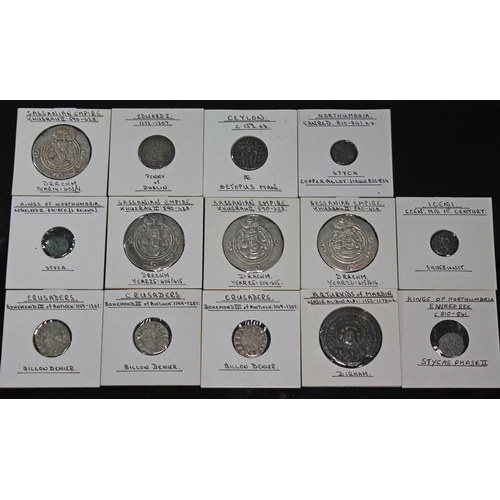 377 - A group of fourteen coins to include 4 x Kassanian Empire Khusrau II 590-628 A.D drachm (1 x year 14... 