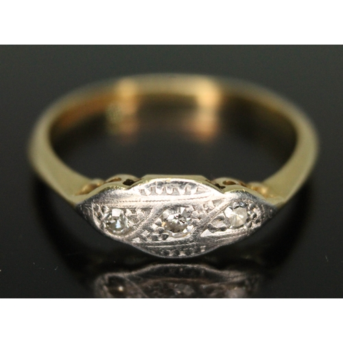 113 - A three stone diamond ring, maker's mark 'AWC&S', also marked '18Ct PT', gross wt. 2.45g, size O.