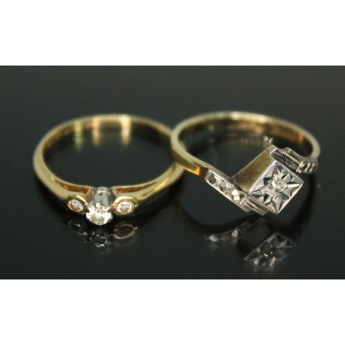 115 - A hallmarked 18ct gold diamond ring and another marked '18ct', gross wt. 3.17g, size J.