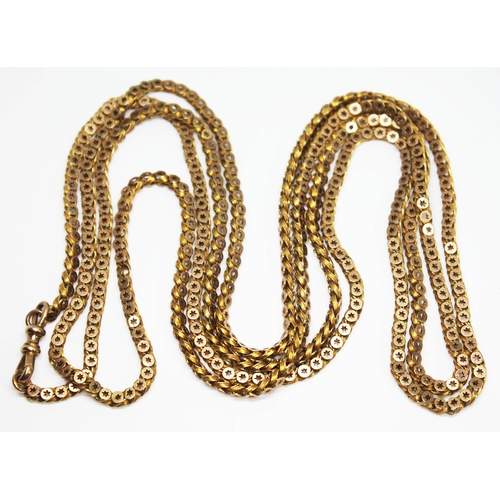 118 - A Victorian star pierced and twist link guard chain, both clasp and chain marked '9c', length 147cm,... 