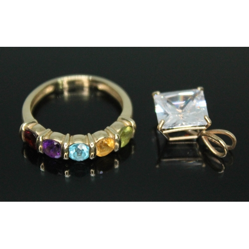 140 - A hallmarked 9ct gold multi-gemstone ring size M, together with a princess cut aquamarine pendant ma... 