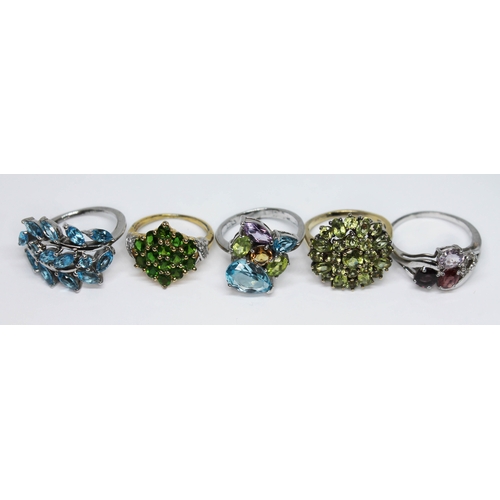 146 - A group of five assorted rings, various stones, all marked '925', sizes O to U.