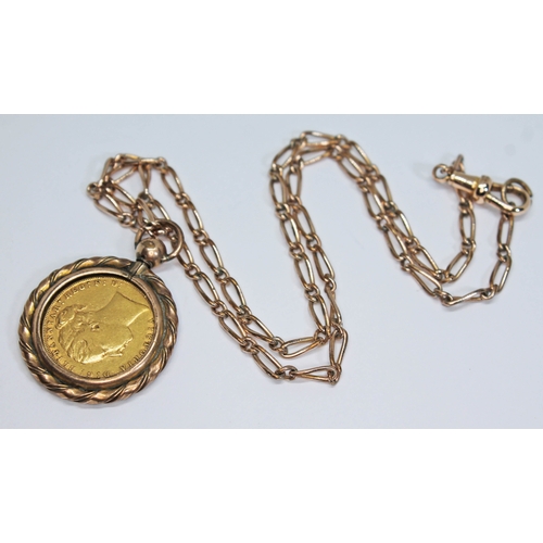 159 - A Victoria 1872 sovereign, yellow metal mount and 46cm chain.