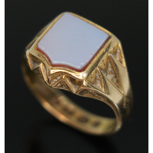 161 - A Victorian 18ct gold shield shape agate signet ring, sponsor's mark 'W.R'. Birmingham 1870, gross w... 