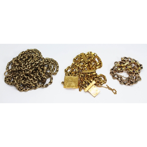 162 - Assorted yellow metal comprising a 156cm guard chain, a four strand link bracelet and another bracel... 