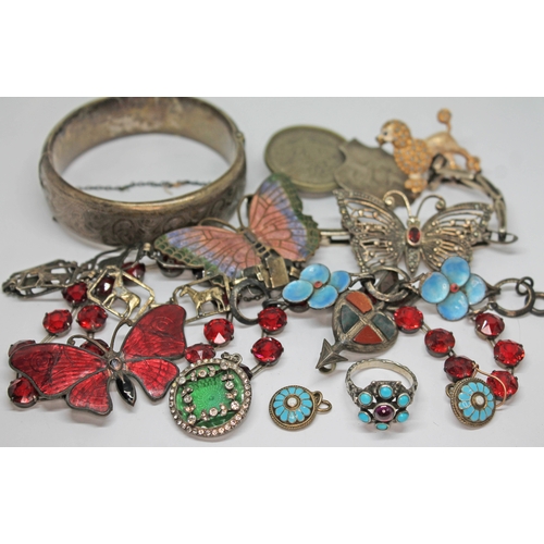 172 - A mixed lot of silver and white metal jewellery including three enamel butterfly brooches etc.