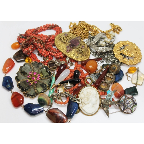 181 - A parcel lot of jewellery including coral, an operculum cabochon, a multi-gemstone necklace, yellow ... 