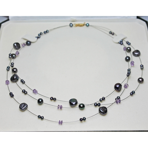 80 - A modern three wire strand beadless cultured pearl and amethyst choker necklace with clasp marled '7... 