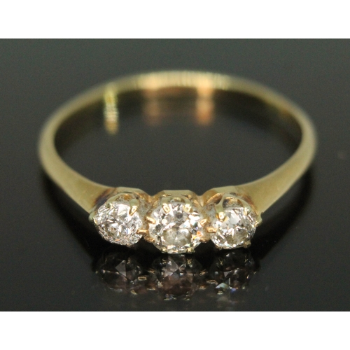 81 - An early 20th century three stone diamond ring, the Old European cut stones weighing approx. 0.17, 0... 