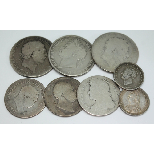 95 - A group of silver coins comprising three crowns, three half crowns and two shillings.