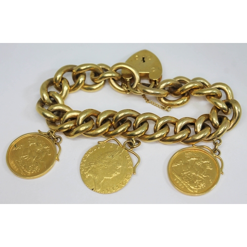 55 - An early 20th century charm bracelet with two half sovereigns 1902 & 1914 and a 1793 half guinea, li... 