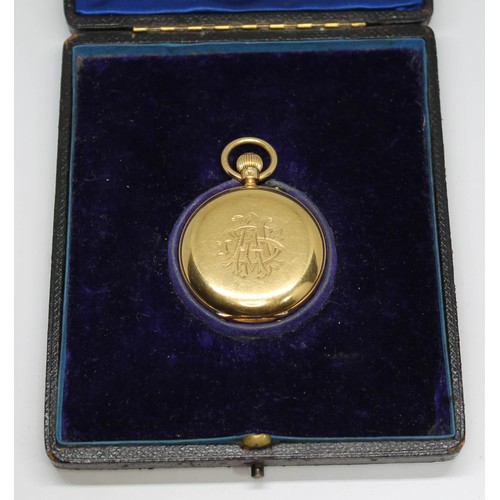 185 - A ladies hallmarked 18ct gold pocket watch, fitted in case, gross wt. 53.96g, case diameter 36mm.