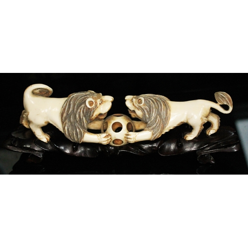 331 - A Chinese carved ivory figure, circa 1900, depicting two lion's fighting over a puzzle ball, on carv... 