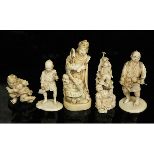 334 - A group of five Japanese Meji period carved ivory okimono, heights 65mm to 13cm.