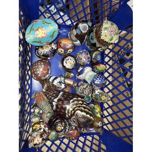 108 - A basket of assorted owl Cloisonné items.