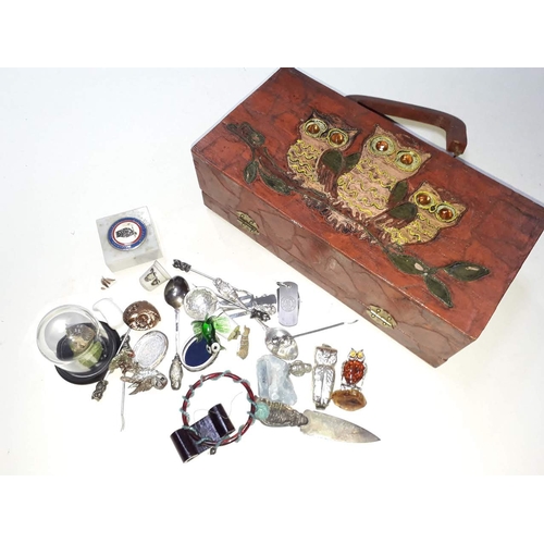 71 - A box decorated with owls with contents of assorted owl collectables.