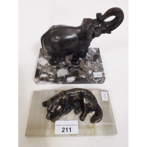 211 - A pewter elephant figure with its original marble base (not attached), together with a cast sleeping... 