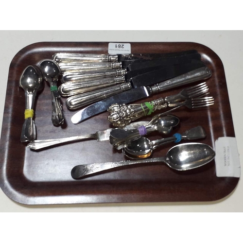 281 - A tray of assorted silver & silver handled cutlery, weighable silver over 20 troy oz.