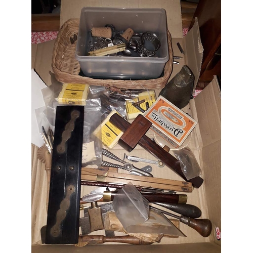 378 - A box containing various vintage tools and rulers, pen nibs, silver plated items etc.