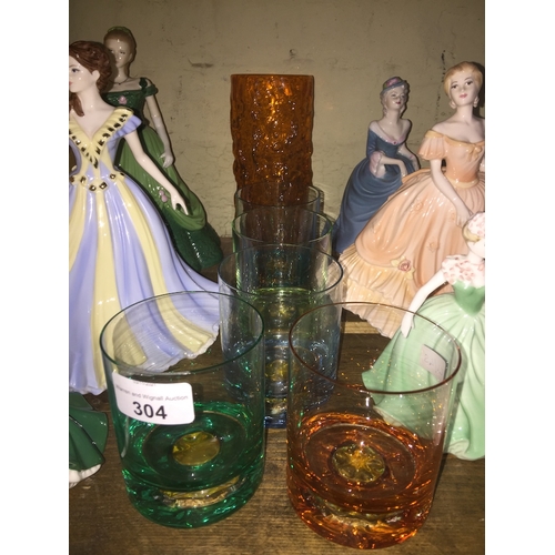 304 - A Whitefriars orange glass vase and 5 glasses