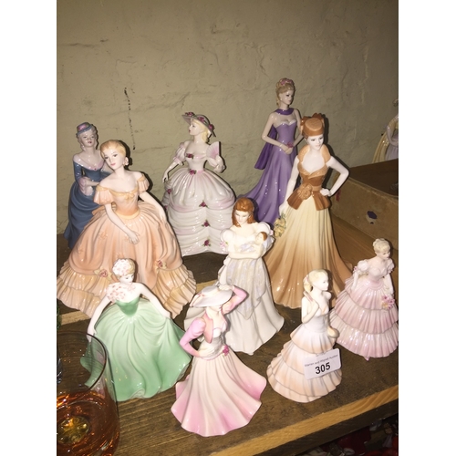 305 - A collection of 9 Coalport lady figurines, mostly Ladies of Fashion, various sizes and one Royal Woc... 