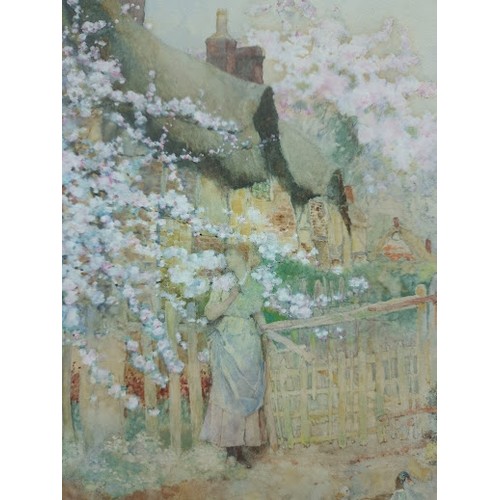 401 - David Woodlock (1842-1929), watercolour, 'Whitnash, Warwick', cottage scene with lady and blossom, 1... 