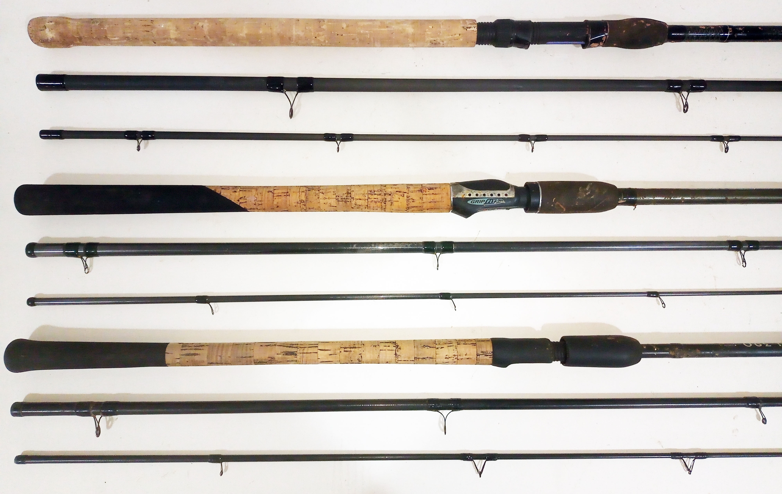 Three match fishing/ float rods; a 13' Shimano three piece Compre