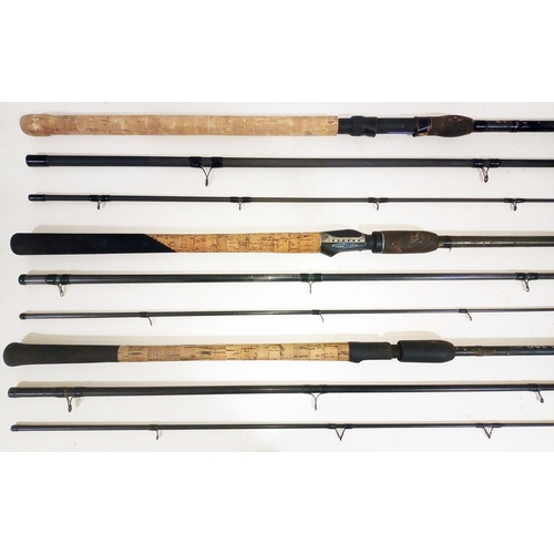 Three match fishing/ float rods; a 13' Shimano three piece Compre match rod,  a 14' Ron Thompson XPS