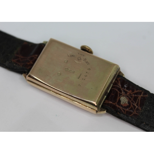 100 - An Art Deco 9ct gold Baume & Co tank style wristwatch,  ref. 761419, silvered dial with Arabic numer... 